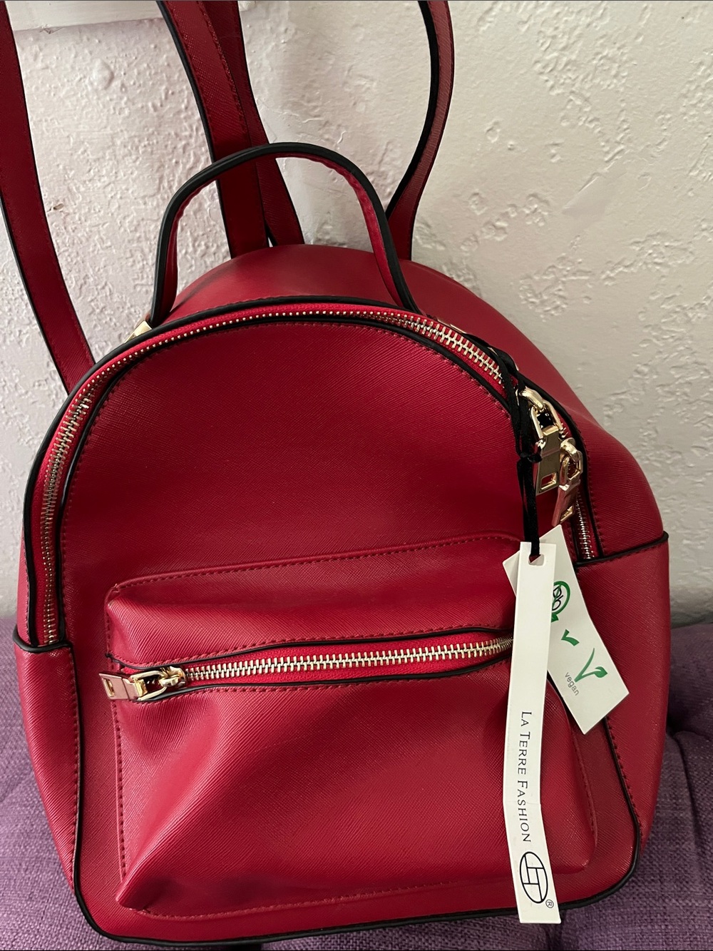 La Terre Fashion Red Backpack with Gold Hardware NEW